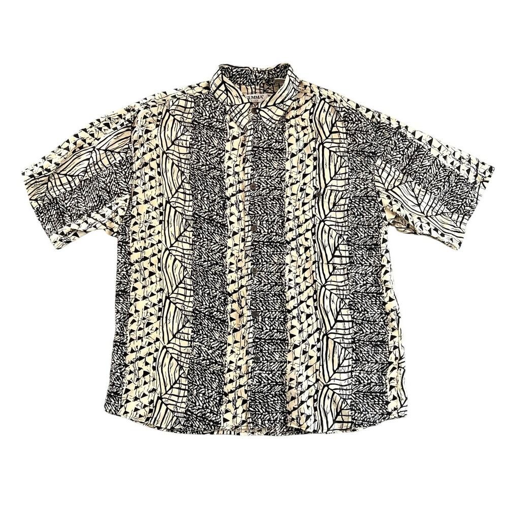 Vintage Y2K Summa Silk Button Down Shirt Abstract Print Black Tan - L